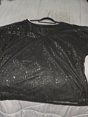 Black Sequin Women's Top - Sparkle Short Sleeve
